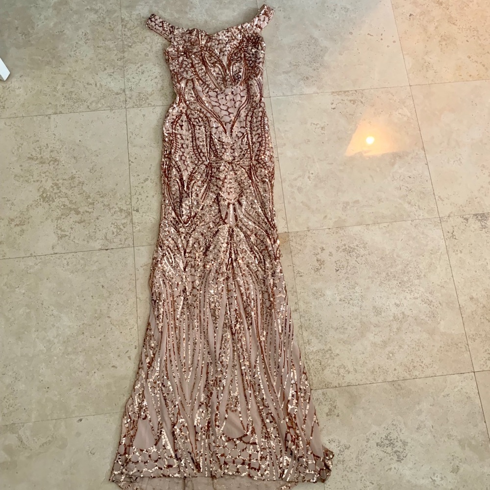 Sequin Rose Gold Long Formal dress- off shoulder